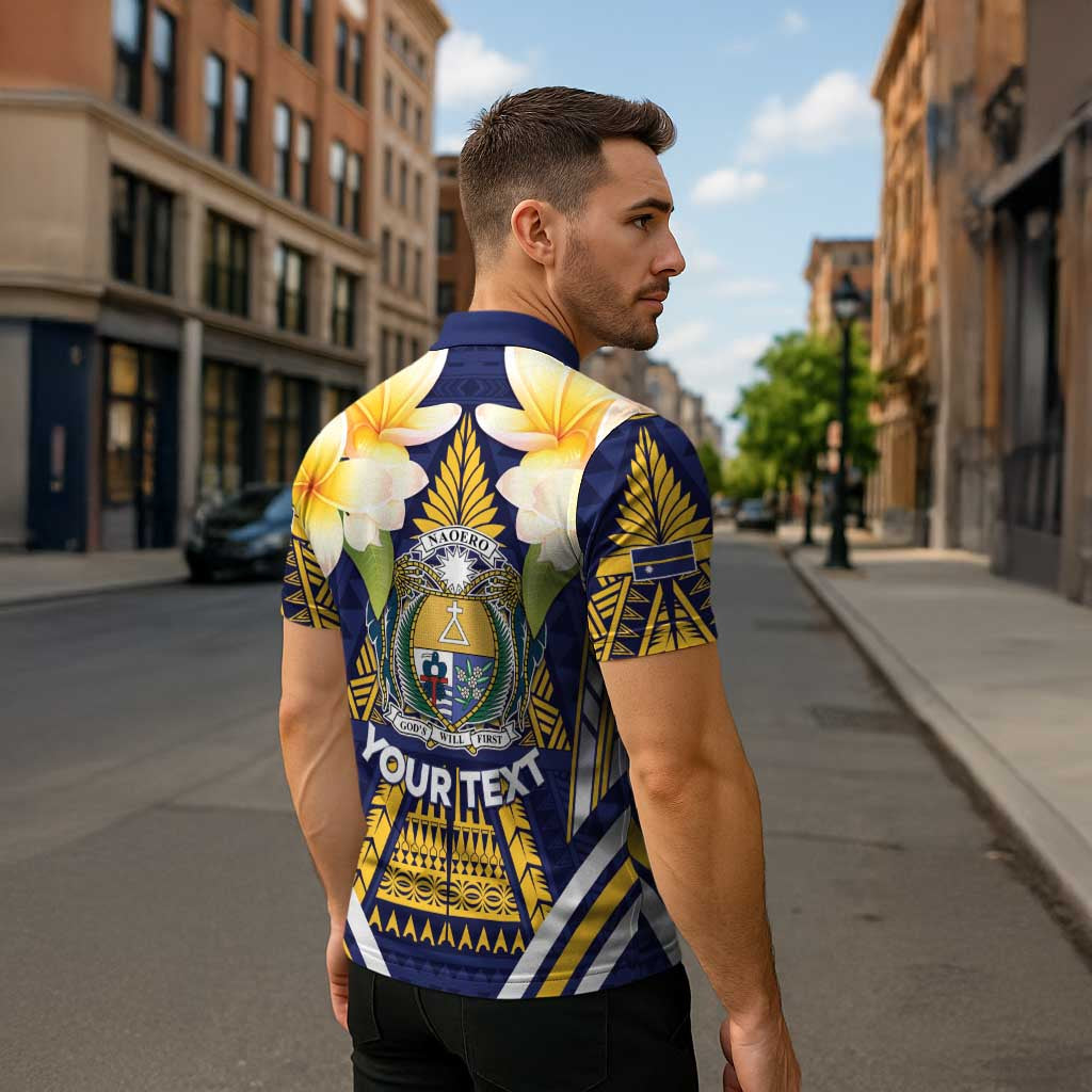 Personalised Nauru Independence Day Zipper Polo Shirt Coat Of Arms With Plumeria - Polynesian Pride