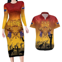 ANZAC Day Couples Matching Long Sleeve Bodycon Dress and Hawaiian Shirt Australia And New Zealand Slouch Hats LT05 Yellow - Polynesian Pride