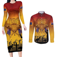 ANZAC Day Couples Matching Long Sleeve Bodycon Dress and Long Sleeve Button Shirt Australia And New Zealand Slouch Hats LT05 Yellow - Polynesian Pride