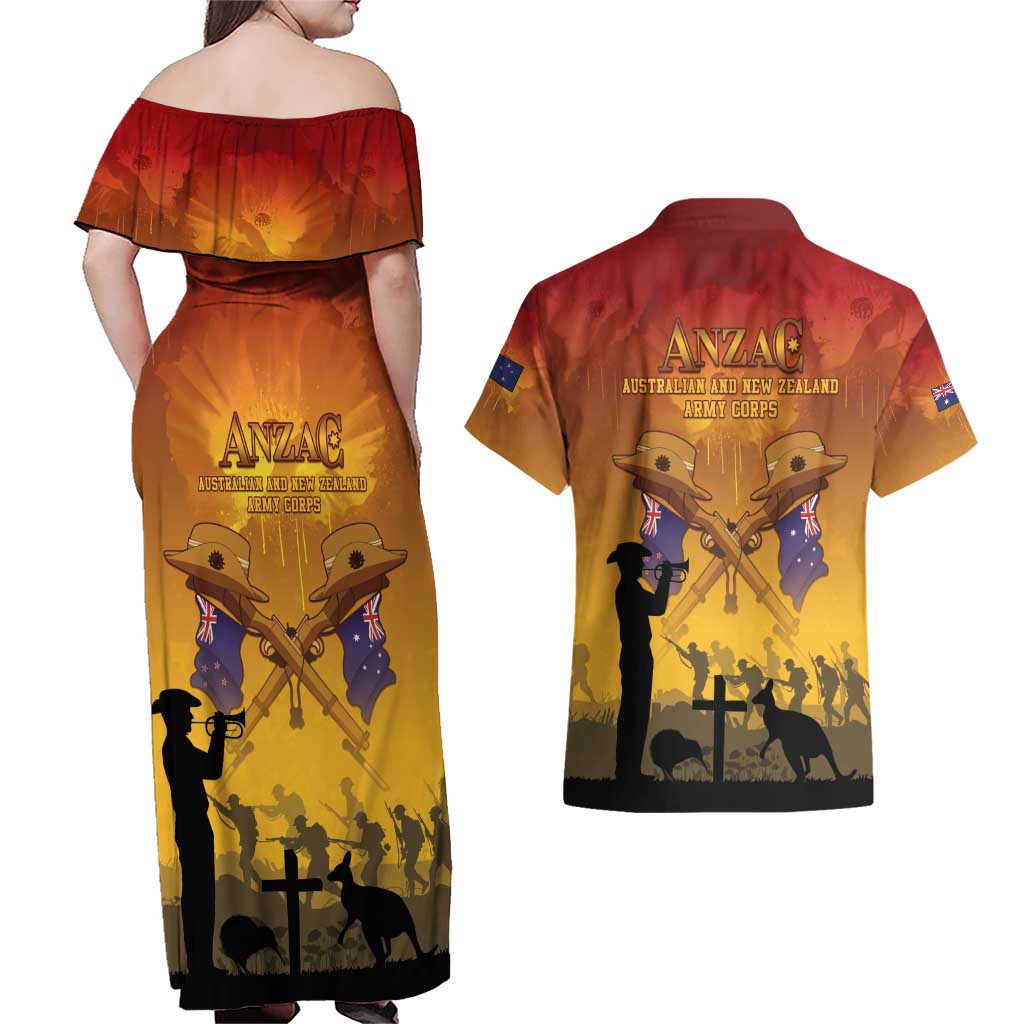 ANZAC Day Couples Matching Off Shoulder Maxi Dress and Hawaiian Shirt Australia And New Zealand Slouch Hats LT05 - Polynesian Pride