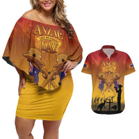 ANZAC Day Couples Matching Off Shoulder Short Dress and Hawaiian Shirt Australia And New Zealand Slouch Hats LT05 Yellow - Polynesian Pride