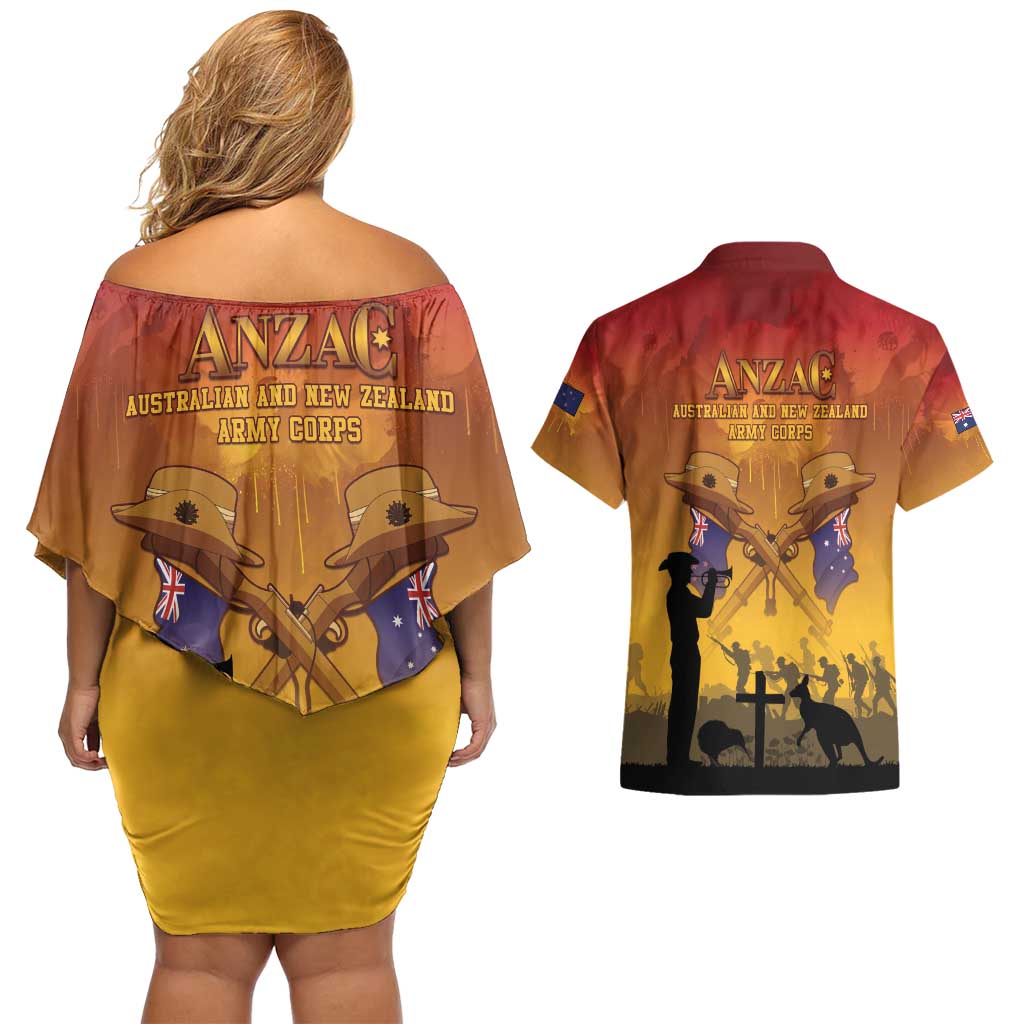 ANZAC Day Couples Matching Off Shoulder Short Dress and Hawaiian Shirt Australia And New Zealand Slouch Hats LT05 - Polynesian Pride