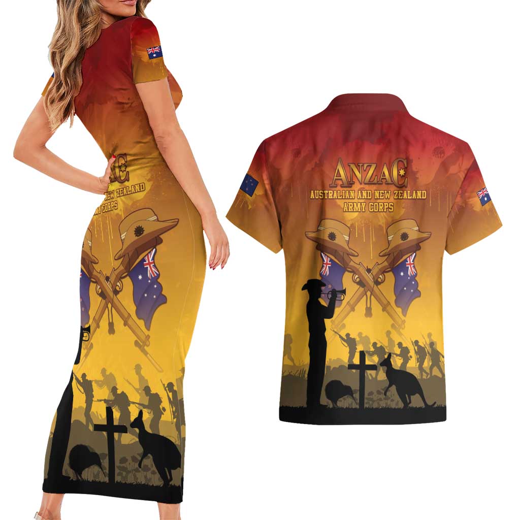 ANZAC Day Couples Matching Short Sleeve Bodycon Dress and Hawaiian Shirt Australia And New Zealand Slouch Hats LT05 - Polynesian Pride
