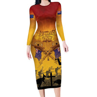 ANZAC Day Family Matching Long Sleeve Bodycon Dress and Hawaiian Shirt Australia And New Zealand Slouch Hats LT05 Mom's Dress Yellow - Polynesian Pride