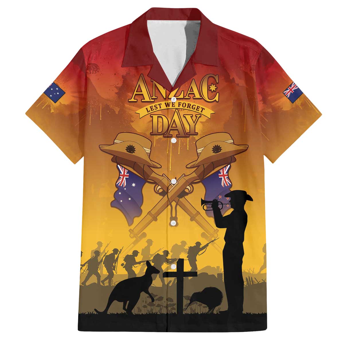 ANZAC Day Family Matching Off The Shoulder Long Sleeve Dress and Hawaiian Shirt Australia And New Zealand Slouch Hats LT05 Dad's Shirt - Short Sleeve Yellow - Polynesian Pride