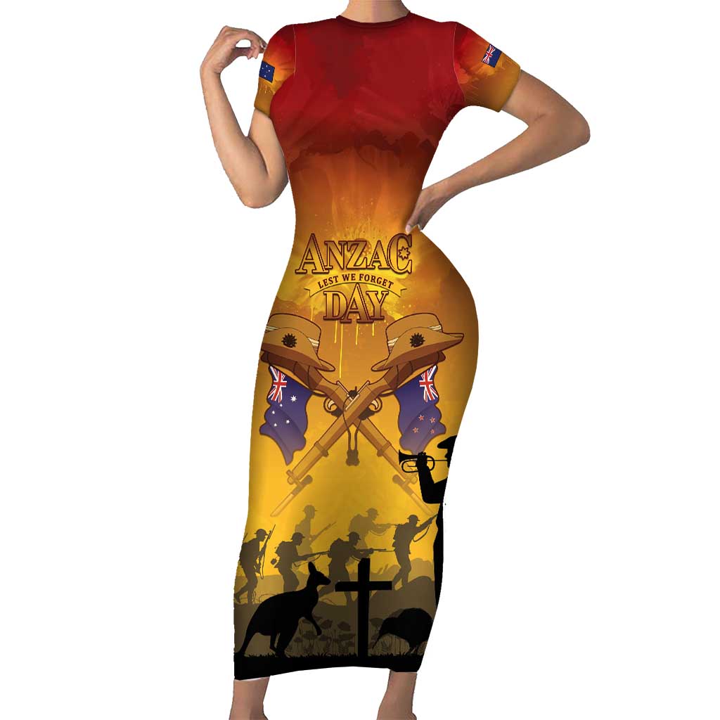 ANZAC Day Family Matching Short Sleeve Bodycon Dress and Hawaiian Shirt Australia And New Zealand Slouch Hats LT05 Mom's Dress Yellow - Polynesian Pride