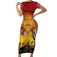 ANZAC Day Family Matching Short Sleeve Bodycon Dress and Hawaiian Shirt Australia And New Zealand Slouch Hats LT05 Mom's Dress Yellow - Polynesian Pride