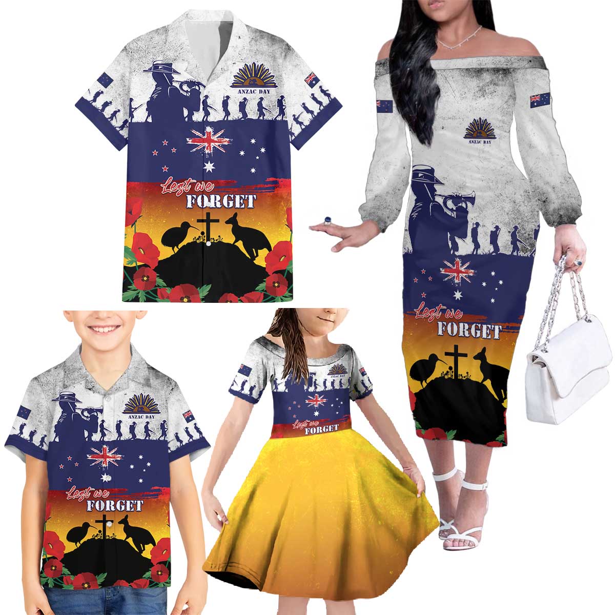 New Zealand And Australia ANZAC Last Post Family Matching Off The Shoulder Long Sleeve Dress and Hawaiian Shirt LT05 - Polynesian Pride