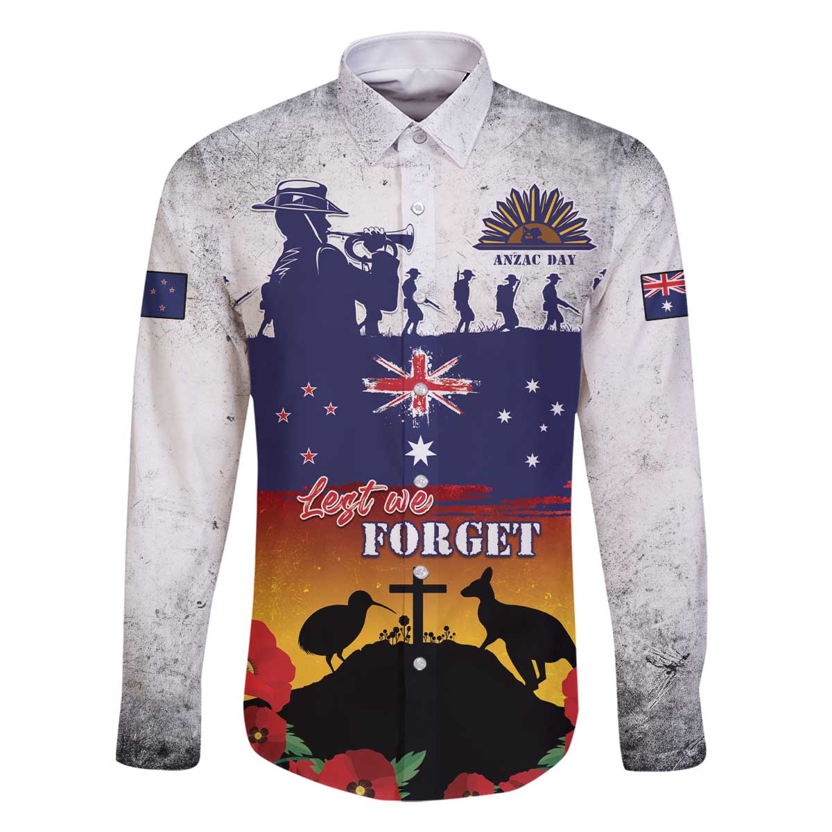 New Zealand And Australia ANZAC Last Post Family Matching Off The Shoulder Long Sleeve Dress and Hawaiian Shirt LT05 Dad's Shirt - Long Sleeve Blue - Polynesian Pride