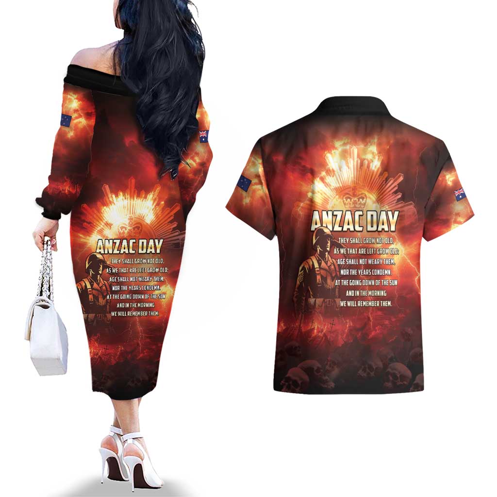 Honouring The ANZAC Spirit Couples Matching Off The Shoulder Long Sleeve Dress and Hawaiian Shirt Gallipoli Lest We Forget LT05 - Polynesian Pride