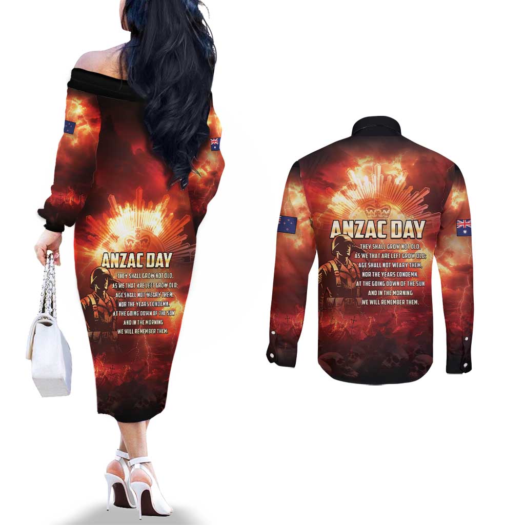 Honouring The ANZAC Spirit Couples Matching Off The Shoulder Long Sleeve Dress and Long Sleeve Button Shirt Gallipoli Lest We Forget LT05 - Polynesian Pride