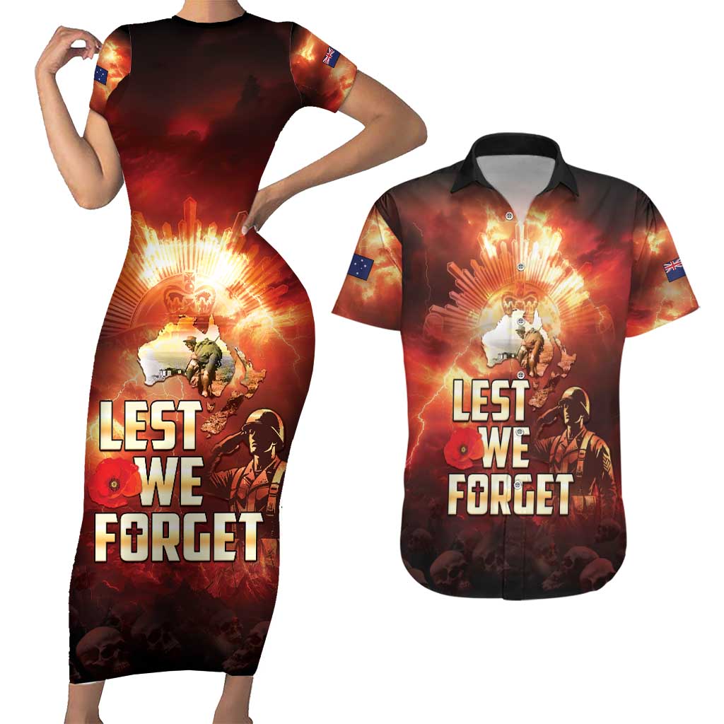 Honouring The ANZAC Spirit Couples Matching Short Sleeve Bodycon Dress and Hawaiian Shirt Gallipoli Lest We Forget LT05 Red - Polynesian Pride