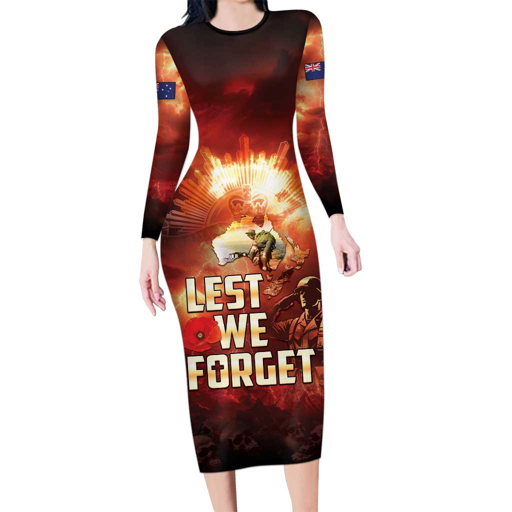 Honouring The ANZAC Spirit Family Matching Long Sleeve Bodycon Dress and Hawaiian Shirt Gallipoli Lest We Forget LT05 Mom's Dress Red - Polynesian Pride
