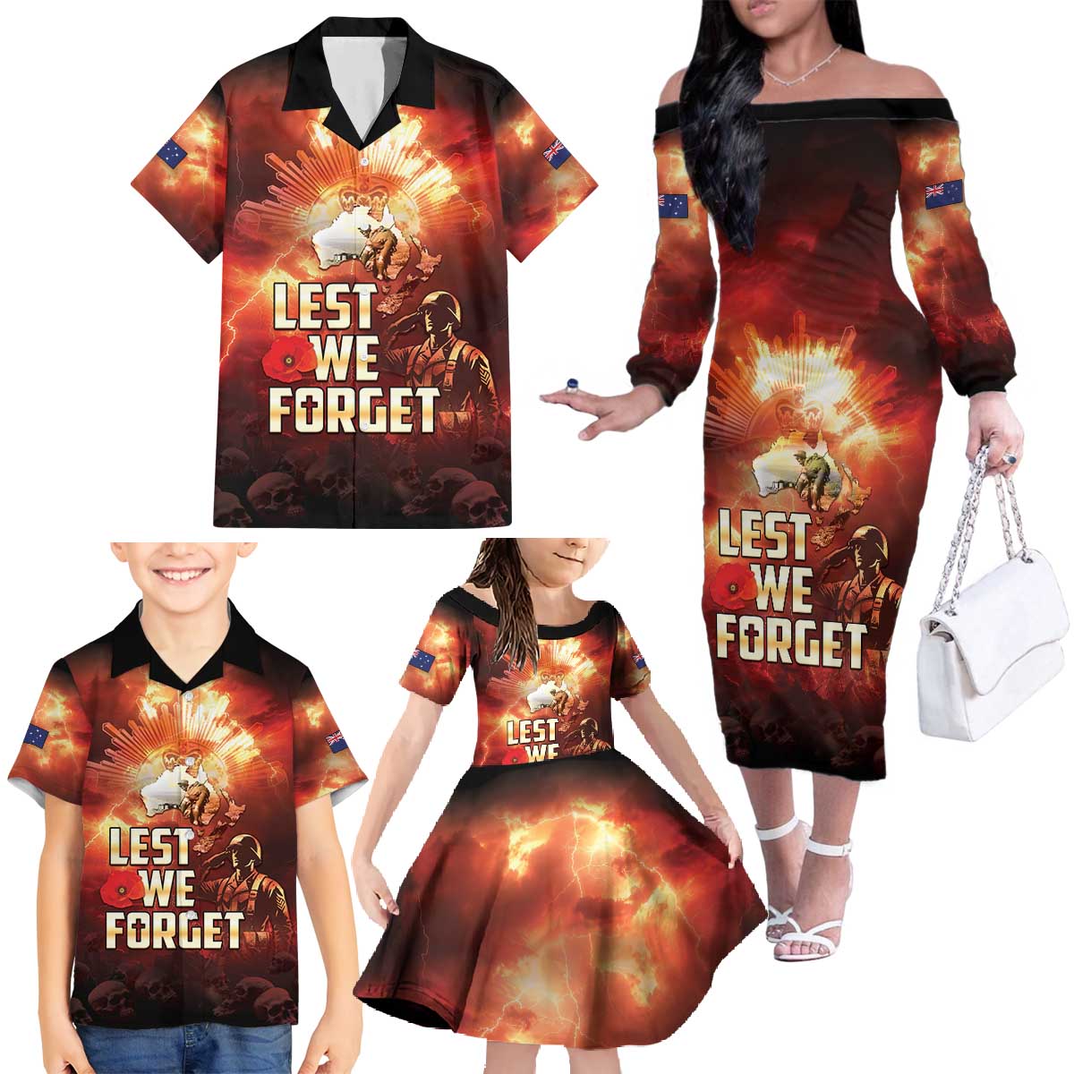 Honouring The ANZAC Spirit Family Matching Off The Shoulder Long Sleeve Dress and Hawaiian Shirt Gallipoli Lest We Forget LT05 - Polynesian Pride