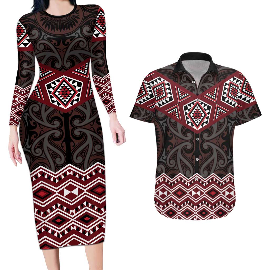 New Zealand Aotearoa Couples Matching Long Sleeve Bodycon Dress and Hawaiian Shirt Red Taniko Art Maori Pattern LT05 Red - Polynesian Pride