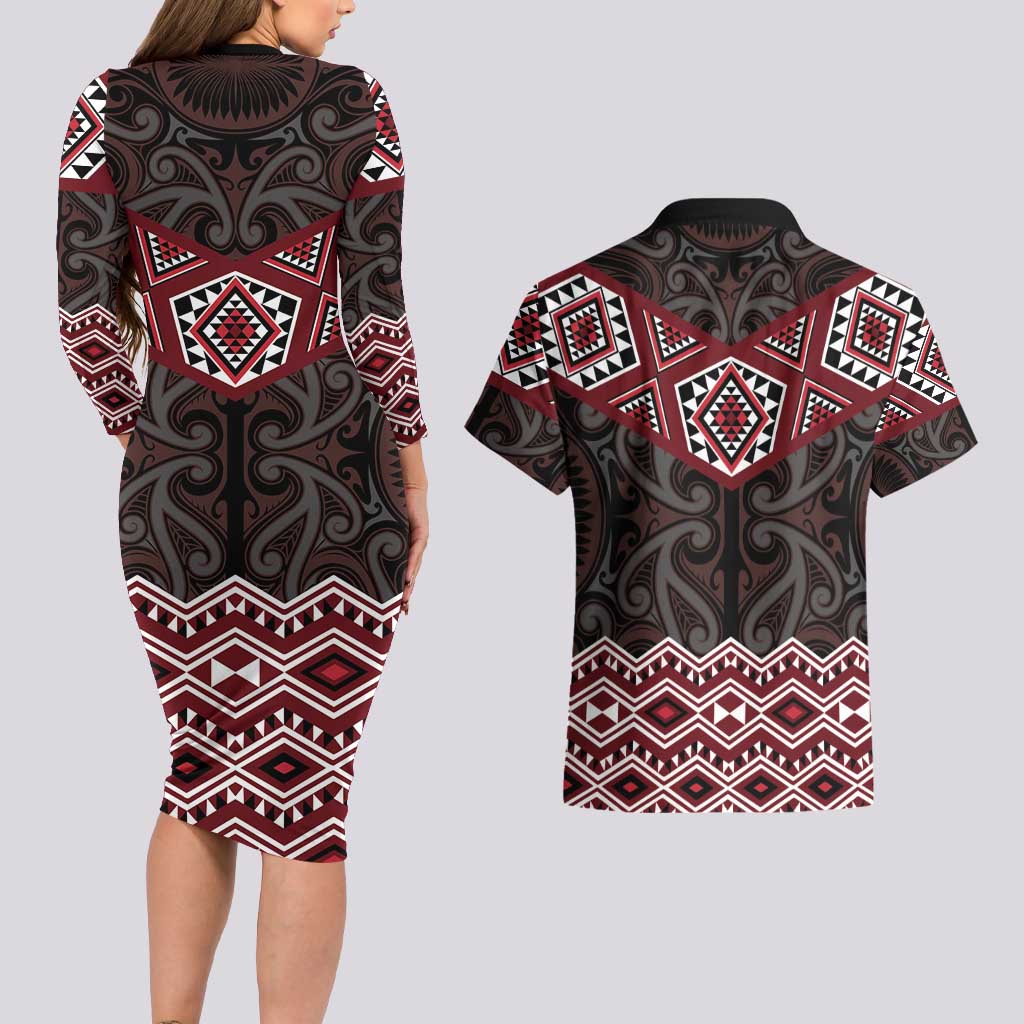 New Zealand Aotearoa Couples Matching Long Sleeve Bodycon Dress and Hawaiian Shirt Red Taniko Art Maori Pattern LT05 - Polynesian Pride