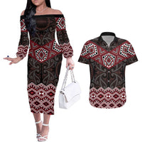 New Zealand Aotearoa Couples Matching Off The Shoulder Long Sleeve Dress and Hawaiian Shirt Red Taniko Art Maori Pattern LT05 Red - Polynesian Pride