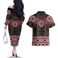 New Zealand Aotearoa Couples Matching Off The Shoulder Long Sleeve Dress and Hawaiian Shirt Red Taniko Art Maori Pattern LT05 - Polynesian Pride