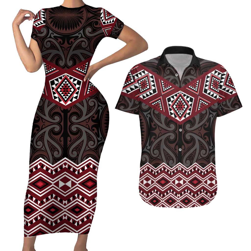 New Zealand Aotearoa Couples Matching Short Sleeve Bodycon Dress and Hawaiian Shirt Red Taniko Art Maori Pattern LT05 Red - Polynesian Pride