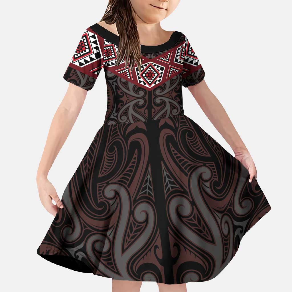 New Zealand Aotearoa Family Matching Mermaid Dress and Hawaiian Shirt Red Taniko Art Maori Pattern LT05 Daughter's Dress Red - Polynesian Pride