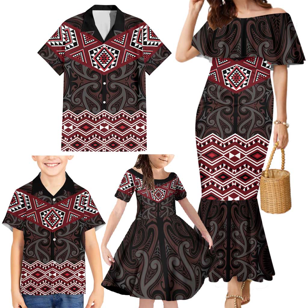 New Zealand Aotearoa Family Matching Mermaid Dress and Hawaiian Shirt Red Taniko Art Maori Pattern LT05 - Polynesian Pride