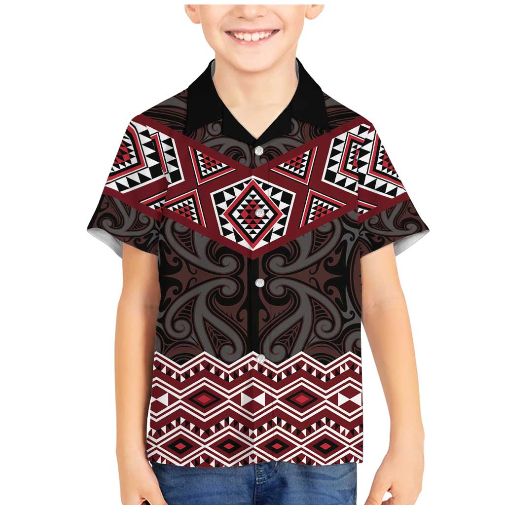 New Zealand Aotearoa Family Matching Mermaid Dress and Hawaiian Shirt Red Taniko Art Maori Pattern LT05 Son's Shirt Red - Polynesian Pride