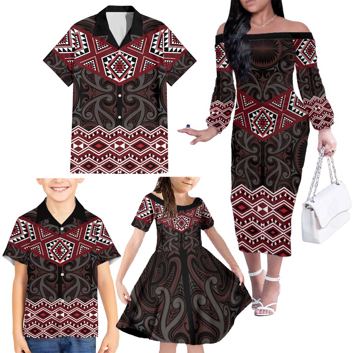 New Zealand Aotearoa Family Matching Off The Shoulder Long Sleeve Dress and Hawaiian Shirt Red Taniko Art Maori Pattern LT05 - Polynesian Pride