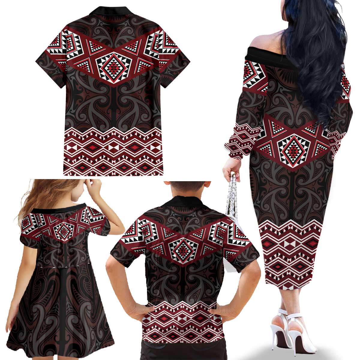 New Zealand Aotearoa Family Matching Off The Shoulder Long Sleeve Dress and Hawaiian Shirt Red Taniko Art Maori Pattern LT05 - Polynesian Pride