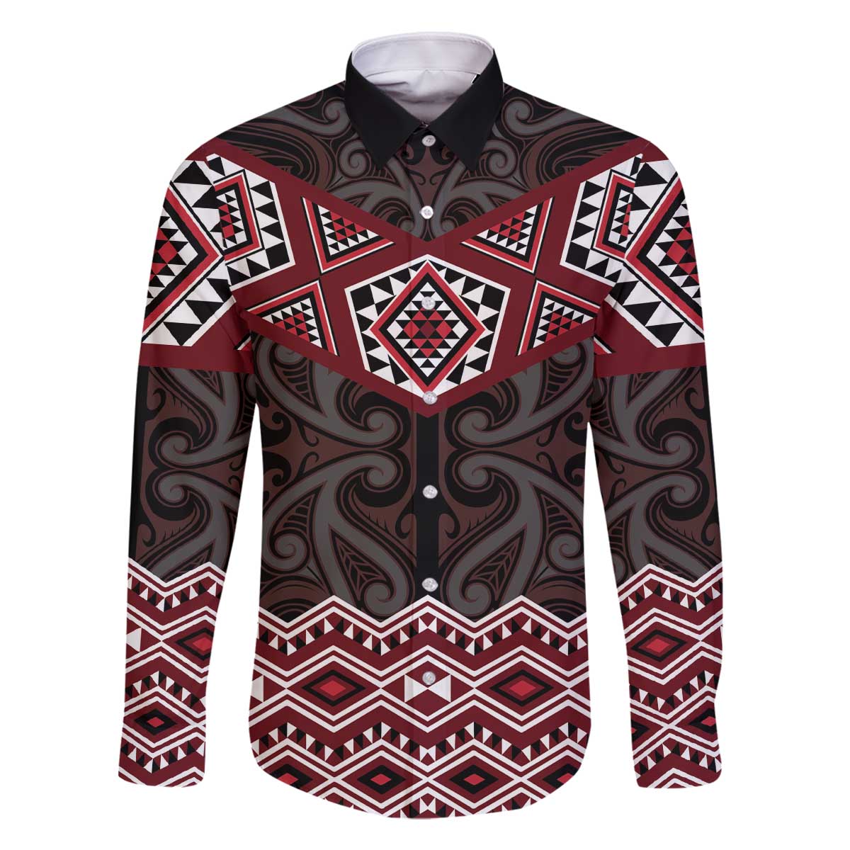 New Zealand Aotearoa Family Matching Off The Shoulder Long Sleeve Dress and Hawaiian Shirt Red Taniko Art Maori Pattern LT05 Dad's Shirt - Long Sleeve Red - Polynesian Pride