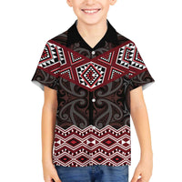 New Zealand Aotearoa Family Matching Off The Shoulder Long Sleeve Dress and Hawaiian Shirt Red Taniko Art Maori Pattern LT05 Son's Shirt Red - Polynesian Pride