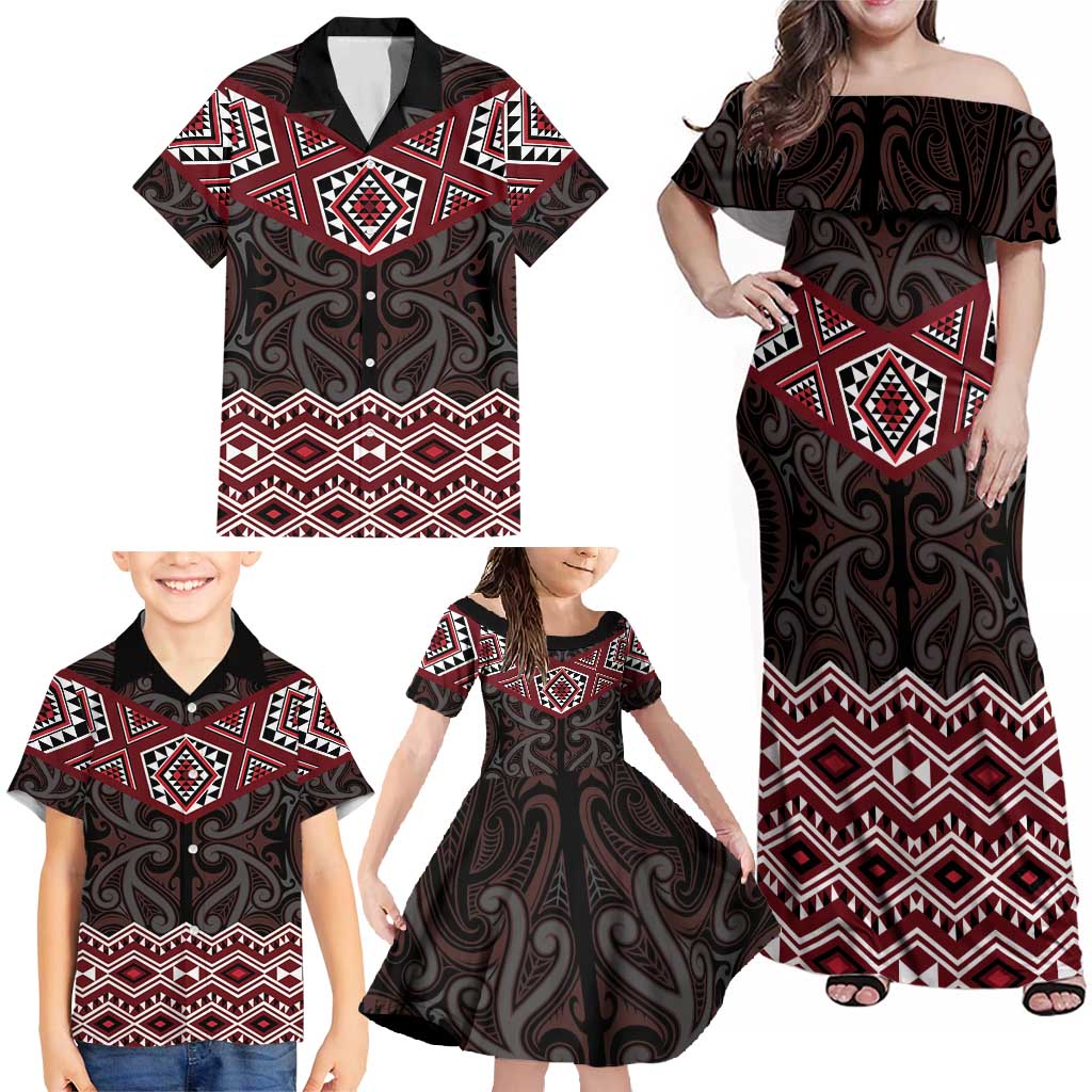 New Zealand Aotearoa Family Matching Off Shoulder Maxi Dress and Hawaiian Shirt Red Taniko Art Maori Pattern LT05 - Polynesian Pride