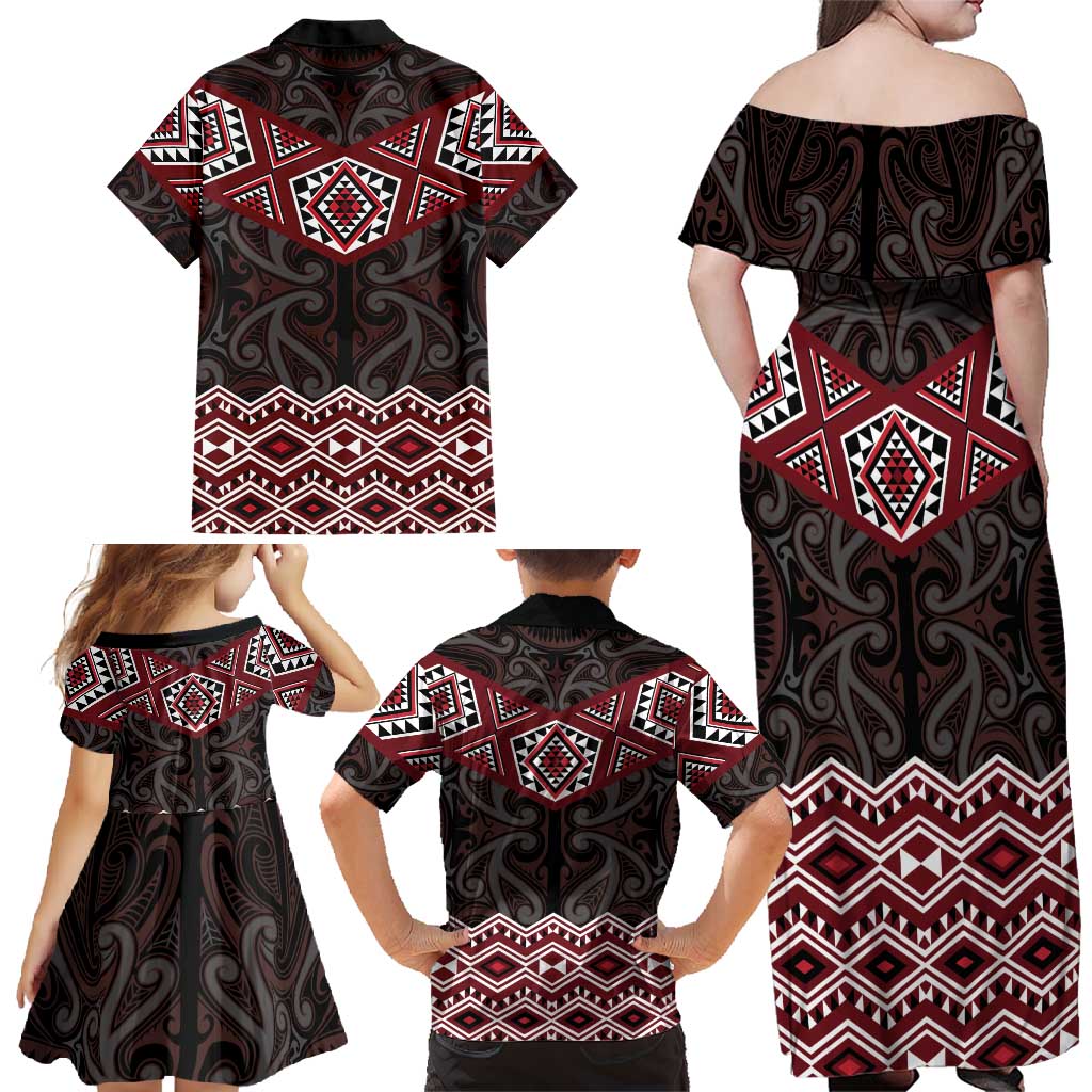New Zealand Aotearoa Family Matching Off Shoulder Maxi Dress and Hawaiian Shirt Red Taniko Art Maori Pattern LT05 - Polynesian Pride