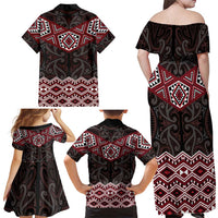 New Zealand Aotearoa Family Matching Off Shoulder Maxi Dress and Hawaiian Shirt Red Taniko Art Maori Pattern LT05 - Polynesian Pride