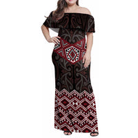 New Zealand Aotearoa Family Matching Off Shoulder Maxi Dress and Hawaiian Shirt Red Taniko Art Maori Pattern LT05 Mom's Dress Red - Polynesian Pride