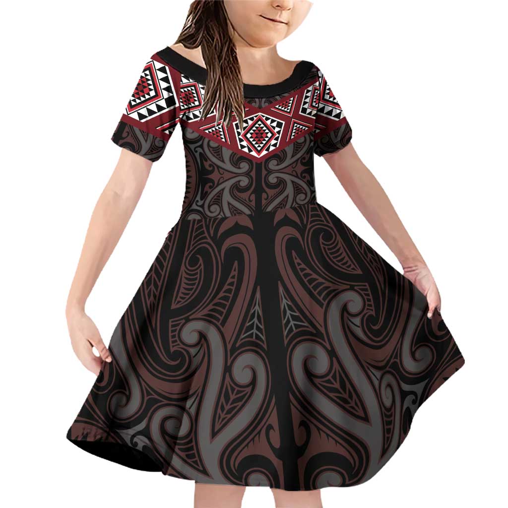 New Zealand Aotearoa Family Matching Off Shoulder Short Dress and Hawaiian Shirt Red Taniko Art Maori Pattern LT05 Daughter's Dress Red - Polynesian Pride