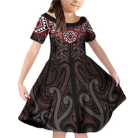 New Zealand Aotearoa Family Matching Off Shoulder Short Dress and Hawaiian Shirt Red Taniko Art Maori Pattern LT05 Daughter's Dress Red - Polynesian Pride