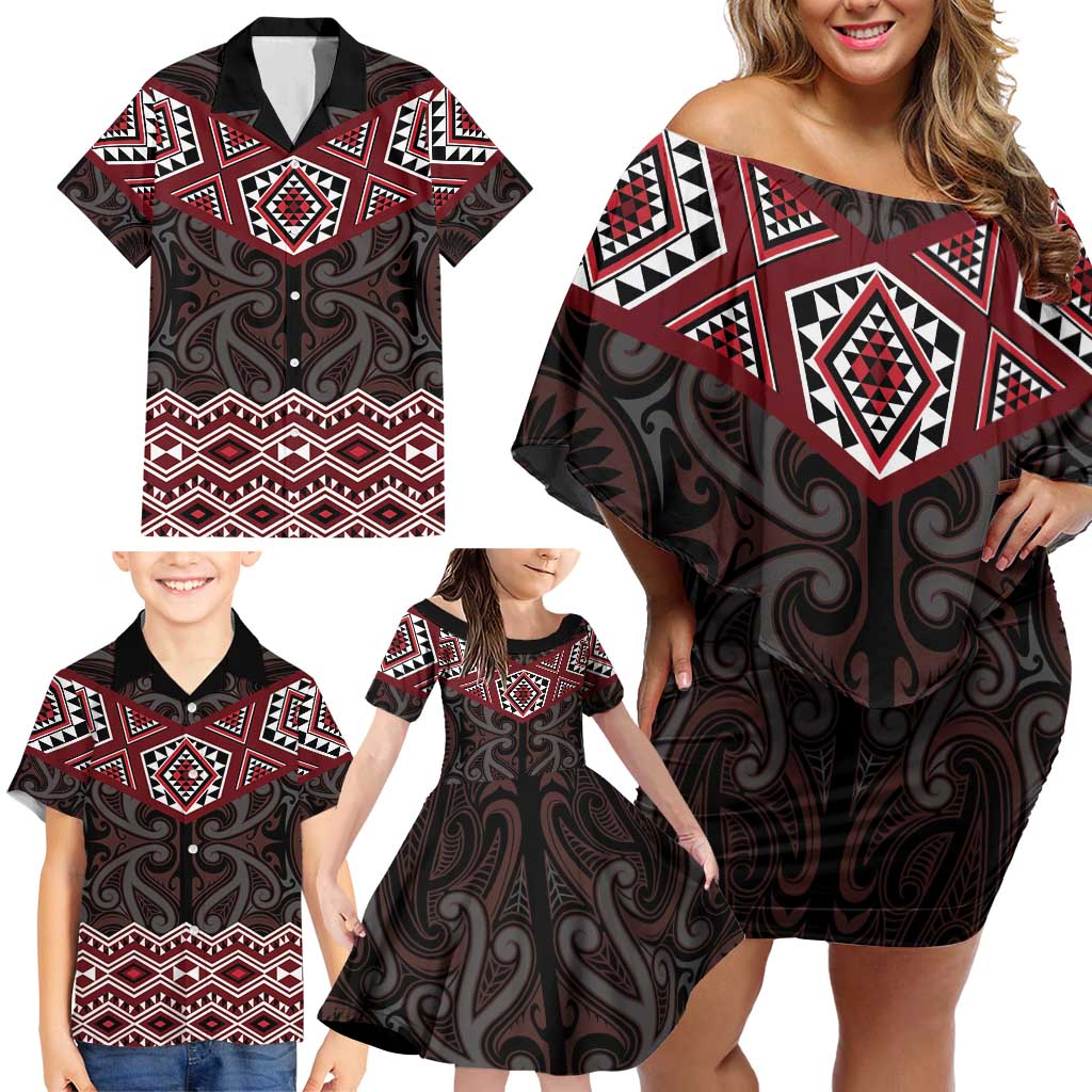 New Zealand Aotearoa Family Matching Off Shoulder Short Dress and Hawaiian Shirt Red Taniko Art Maori Pattern LT05 - Polynesian Pride