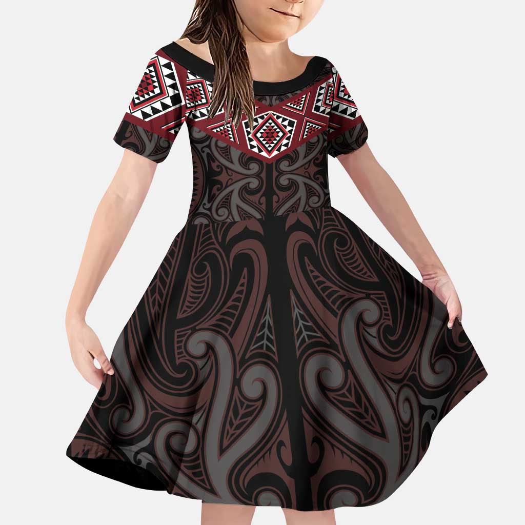 New Zealand Aotearoa Family Matching Puletasi and Hawaiian Shirt Red Taniko Art Maori Pattern LT05 Daughter's Dress Red - Polynesian Pride