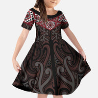 New Zealand Aotearoa Family Matching Puletasi and Hawaiian Shirt Red Taniko Art Maori Pattern LT05 Daughter's Dress Red - Polynesian Pride