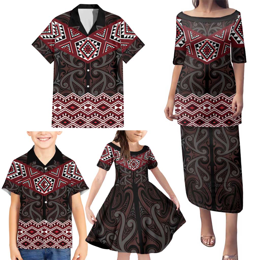 New Zealand Aotearoa Family Matching Puletasi and Hawaiian Shirt Red Taniko Art Maori Pattern LT05 - Polynesian Pride