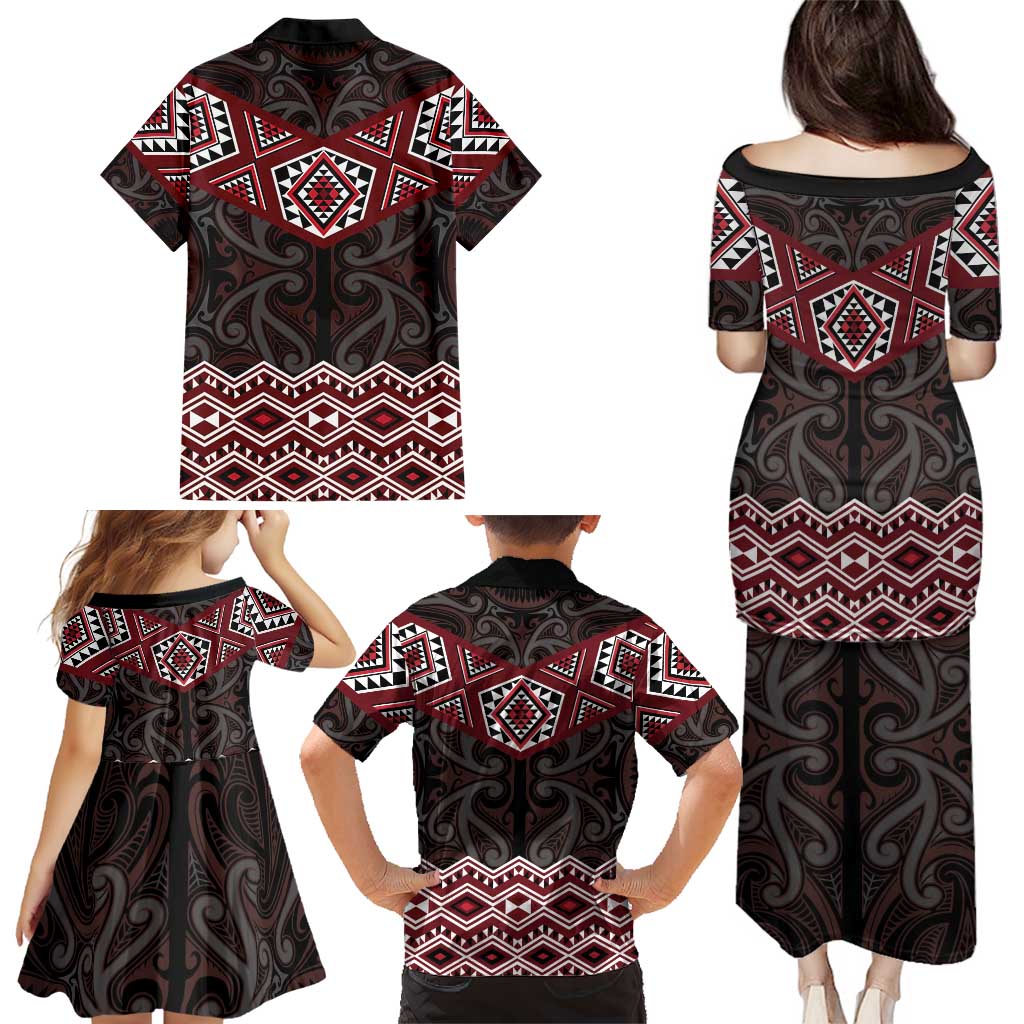 New Zealand Aotearoa Family Matching Puletasi and Hawaiian Shirt Red Taniko Art Maori Pattern LT05 - Polynesian Pride