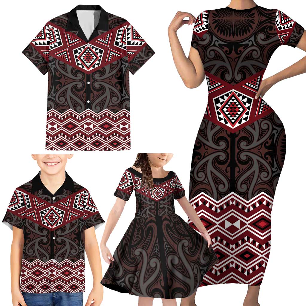 New Zealand Aotearoa Family Matching Short Sleeve Bodycon Dress and Hawaiian Shirt Red Taniko Art Maori Pattern LT05 - Polynesian Pride