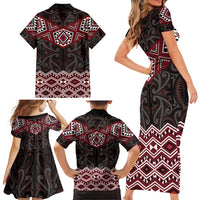 New Zealand Aotearoa Family Matching Short Sleeve Bodycon Dress and Hawaiian Shirt Red Taniko Art Maori Pattern LT05 - Polynesian Pride