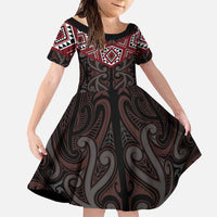 New Zealand Aotearoa Family Matching Summer Maxi Dress and Hawaiian Shirt Red Taniko Art Maori Pattern LT05 Daughter's Dress Red - Polynesian Pride