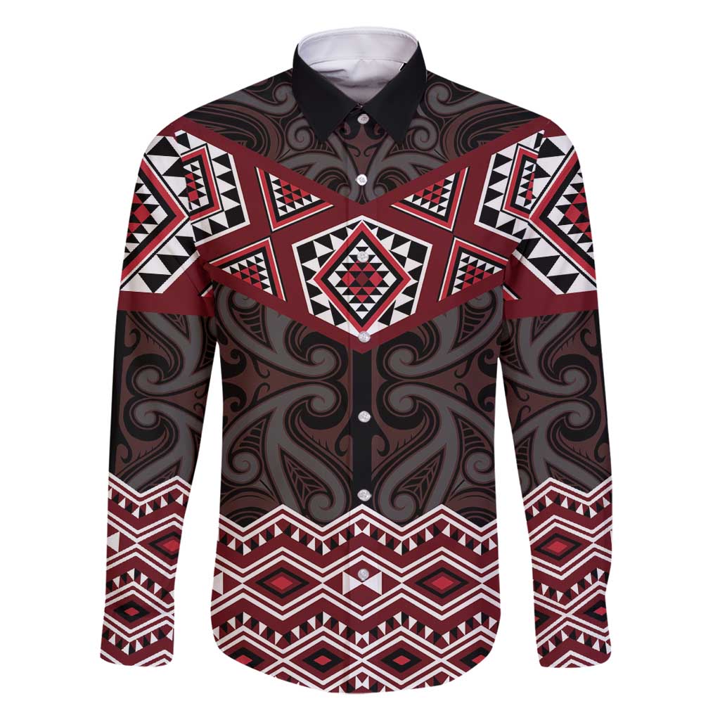 New Zealand Aotearoa Family Matching Summer Maxi Dress and Hawaiian Shirt Red Taniko Art Maori Pattern LT05 Dad's Shirt - Long Sleeve Red - Polynesian Pride