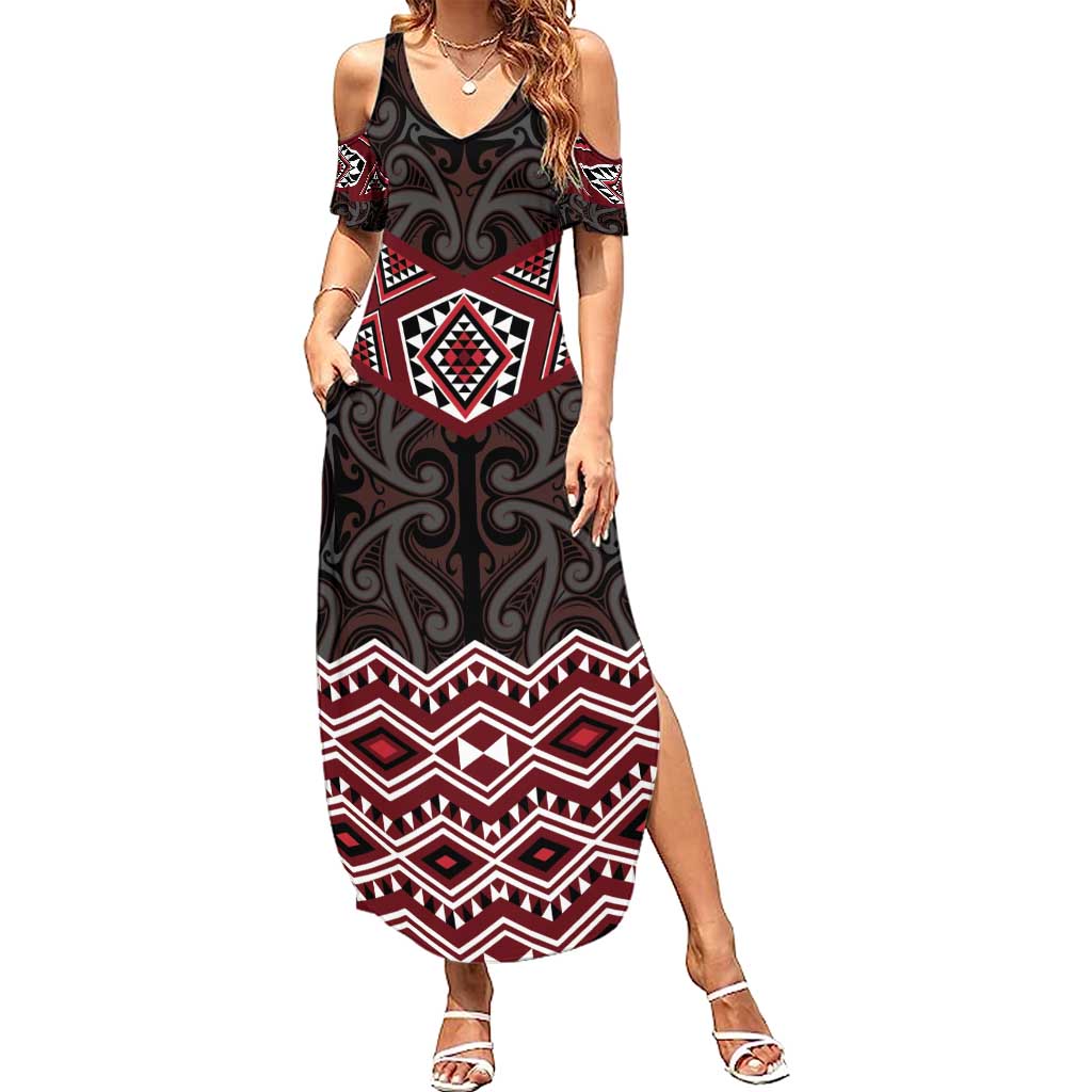 New Zealand Aotearoa Family Matching Summer Maxi Dress and Hawaiian Shirt Red Taniko Art Maori Pattern LT05 Mom's Dress Red - Polynesian Pride