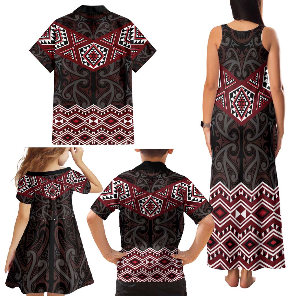 New Zealand Aotearoa Family Matching Tank Maxi Dress and Hawaiian Shirt Red Taniko Art Maori Pattern LT05 - Polynesian Pride