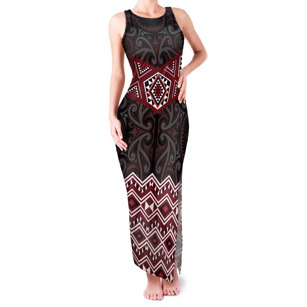 New Zealand Aotearoa Family Matching Tank Maxi Dress and Hawaiian Shirt Red Taniko Art Maori Pattern LT05 Mom's Dress Red - Polynesian Pride