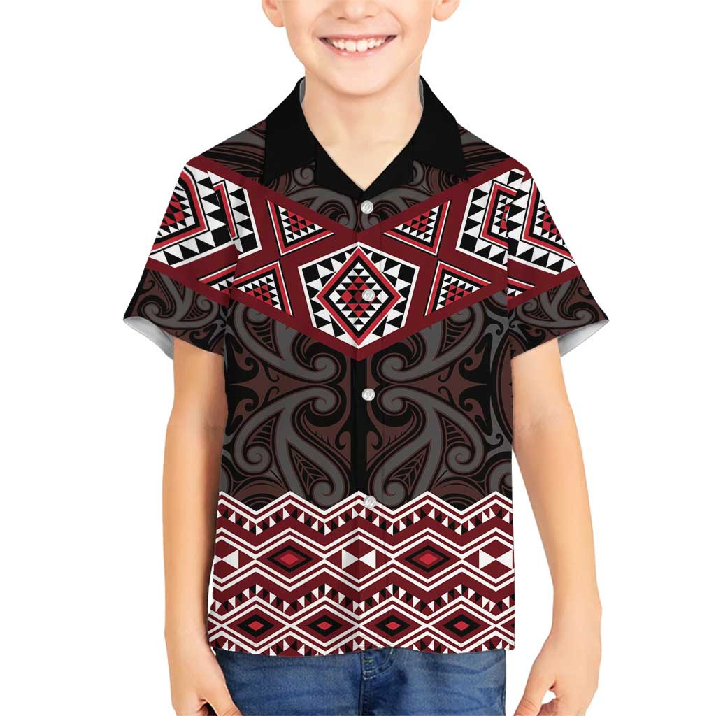 New Zealand Aotearoa Family Matching Tank Maxi Dress and Hawaiian Shirt Red Taniko Art Maori Pattern LT05 Son's Shirt Red - Polynesian Pride