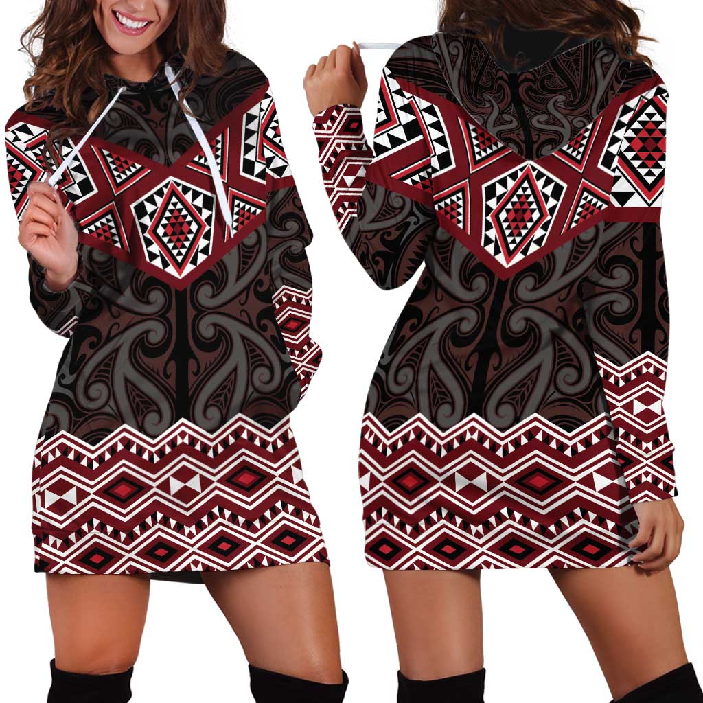 New Zealand Aotearoa Hoodie Dress Red Taniko Art Maori Pattern
